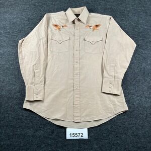 Plains Western Wear Shirt Mens Medium Beige Embroidered Pearl Snaps Button Up